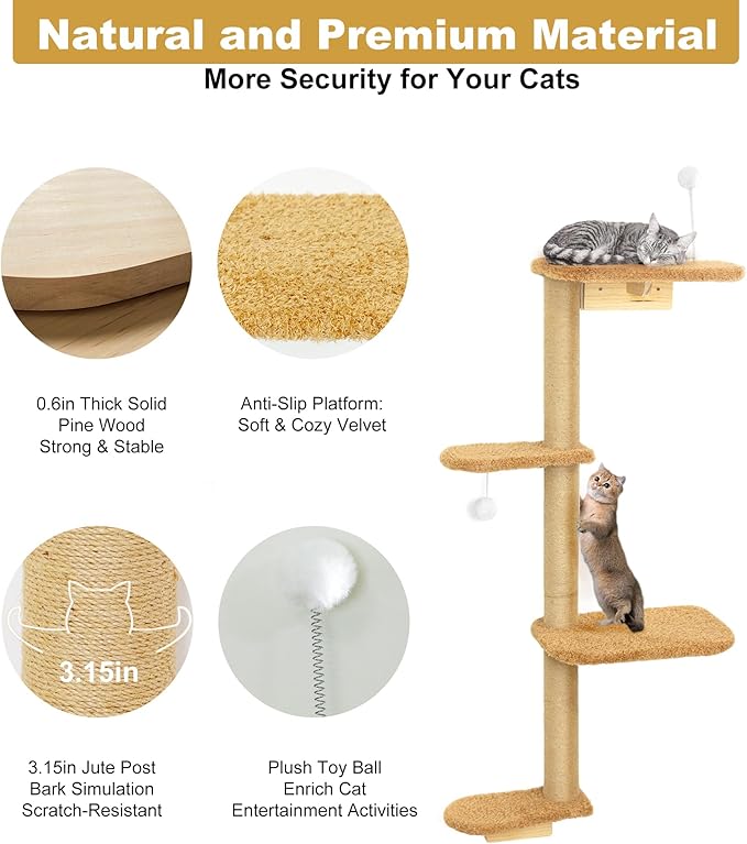 Brown Wall Mounted Cat Wall Climber & Tree for Kittens, 4 Platform Cat Shelves with Brown Plush Cushions, Floating Furniture for Climbing, Lounging, Scratching – 49” Tall