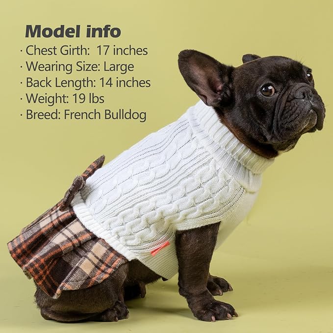 KYEESE Dog Sweater Warm Pullover Pet Coats Comfy Knitwear Dog Sweaters for Small Dogs Girl Stretchy Cat Sweaters Thick Dogs Clothes with Bowtie Soft Turtleneck Pet Sweater Dress, White, Large