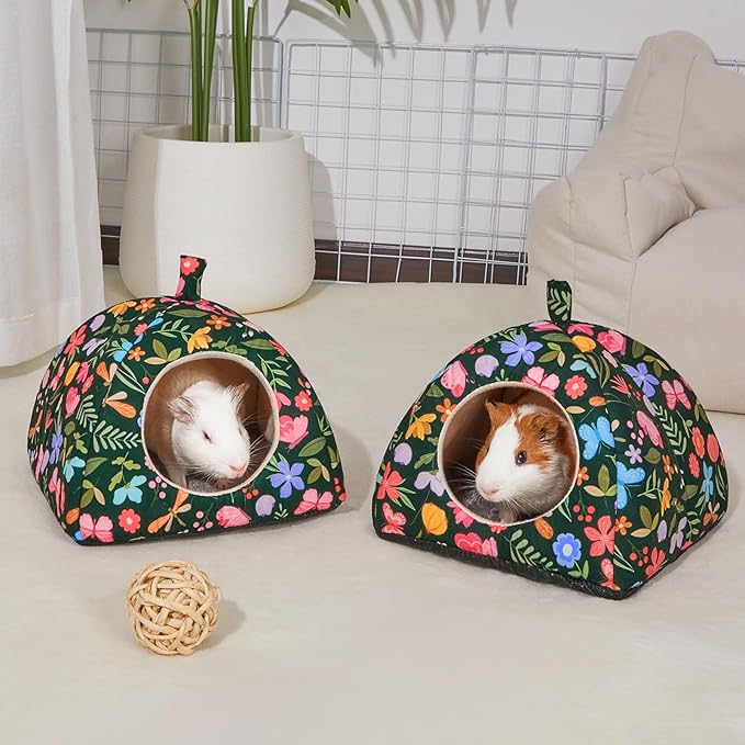 Glittme Guinea Pig Hideout 2Pack Guinea Pig Bed with Soft Pads Washable Small Animal Bed with Non-Slip Bottom Rabbit Hideout for Ferrets, Hamster, M