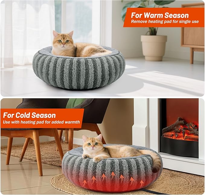 Toove Heated Cat Bed Indoor - 20" Heating Donut Pet Bed for Cats and Small Dogs, Ultra Soft & Cozy Sleeping Cat Beds, Machine Washable, Waterproof & Safe Warming with Timer and Temperature Control