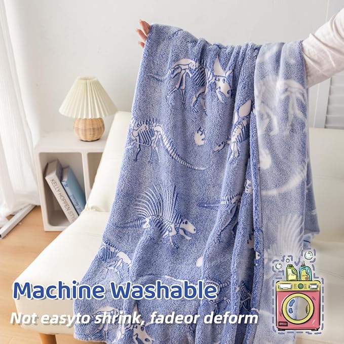 Best Gift Halloween Dinosaur Gifts Toys for Kids Boys, Fossil Pattern Blanket Glow in The Dark Throw Blanket, Soft Plush Kids Blanket, Fun Theme, Birthday Christmas, 50"*60", Blue