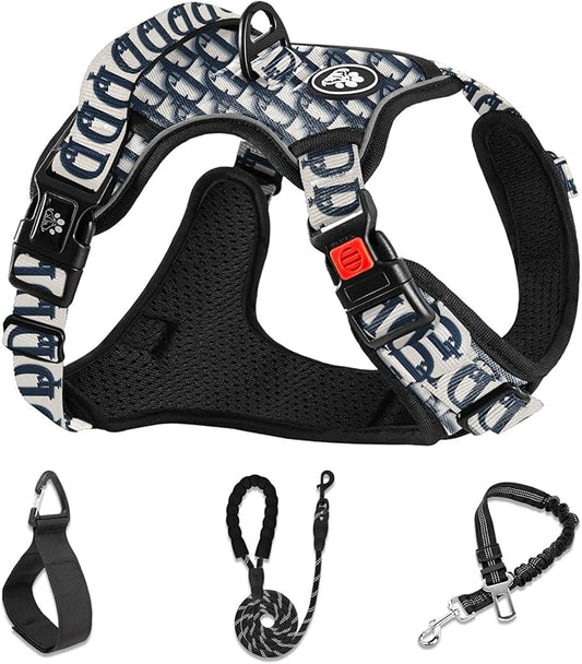 NESTROAD No Pull Dog Harness,Adjustable Oxford Dog Vest Harness with Leash,Reflective No-Choke Pet Harness with Easy Control Soft Handle for Large Dogs(Large,Vintage Blue)