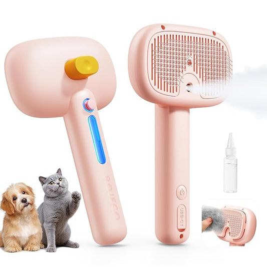 ROJECO 3-in-1 Pet Steam Brush for Cats&Dogs - Detangling Comb with Adjustable Mist, Handheld Deshedding Grooming Tool for Long/Short Hair, Massage Brush & Shedding Control Gift,Cordless,Pink