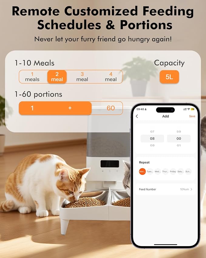 Automatic Cat Feeder for 2 Cats, 5L Automatic Cat Food Dispenser for Small Pets Indoor, 2.4G WiFi Pet Feeder with Free APP Control, Whisker-Friendly Bowls, 1-10 Meals/Day, Detachable for Easy Clean
