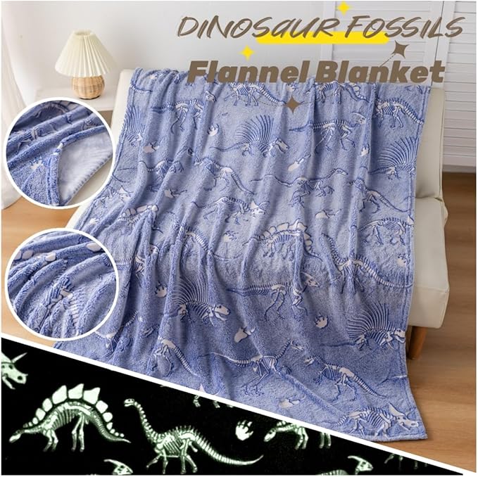 Best Gift Halloween Dinosaur Gifts Toys for Kids Boys, Fossil Pattern Blanket Glow in The Dark Throw Blanket, Soft Plush Kids Blanket, Fun Theme, Birthday Christmas, 50"*60", Blue