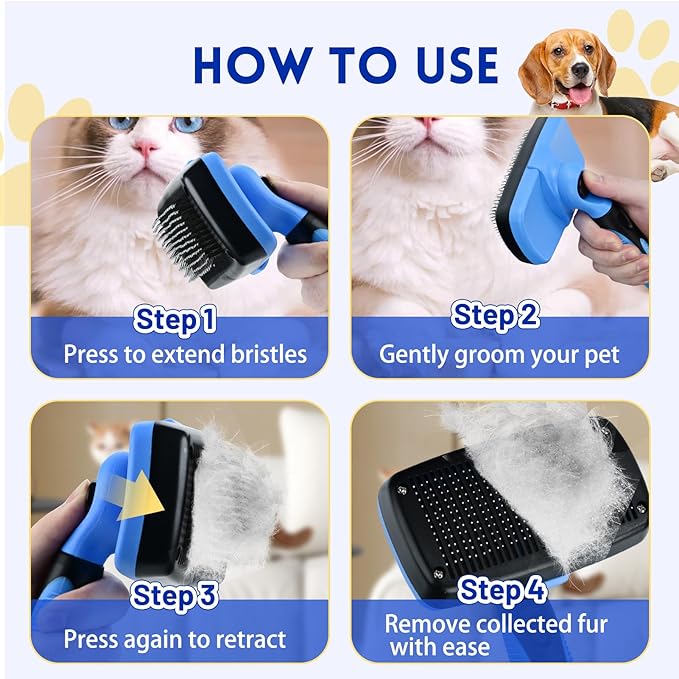 Large Self Cleaning Deshedding Brush for Dogs & Cats - One Button Hair Release Grooming Tool, Gentle Massage Brush for Long and Short Hair (Blue)