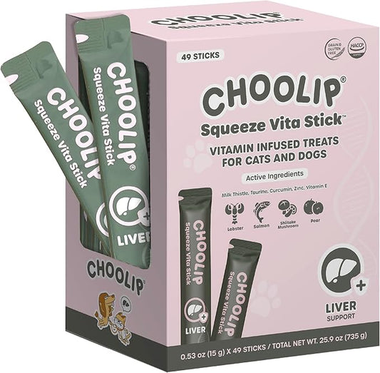 Choolip Squeeze Vita Stick Lickable Cat and Dog Treats – 49-Count Liver Support Sticks with Multivitamins, Soft Squeezable Paste for All Life Stages, Supporting Liver Health