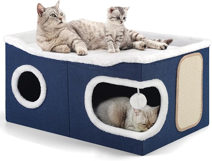 Shikha Cat Beds for Indoor Cats, Extra Wide Cat Cube House for Multi Cats, Foldable Cat Cave Hideaway with Arc-Edge Design & Oval Door, Reversible Cushion for All Seasons, 24"L x 17.7"D x 12.6"H, Blue