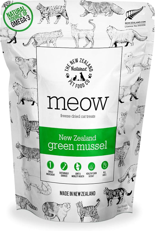The New Zealand Natural Pet Food Co Meow Freeze Dried Cat Treats - New Zealand Green Mussel, High Protein, Healthy Cat Snacks and Toppers, All Natural for All Life Stages, 1.76 oz