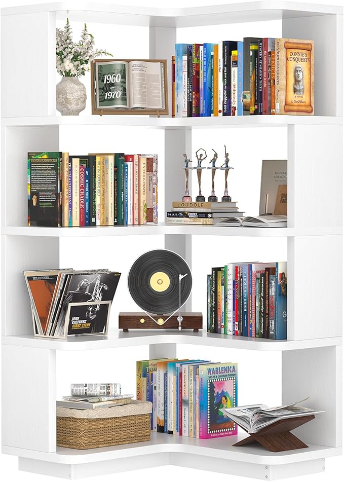 Armocity Corner Book Shelf - 5 Tier Corner Bookshelf Etagere Bookcase with Baffle, Freestanding L Shaped Display Shelf Stand for Home Office, Living Room, Bedroom, Kitchen, White