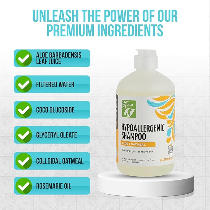 Only Natural Pet Hypoallergenic Shampoo with Aloe & Oatmeal for Dogs - Moisturizing Dog Shampoo and Ultra-Nourishing Care for Dry, Itchy, and Sensitive Skin - 16.9 oz