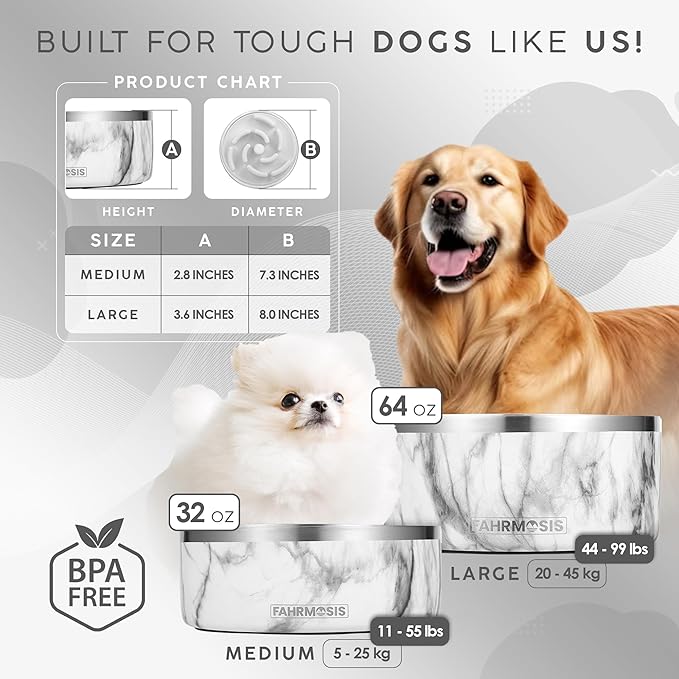 32 Oz Dog Bowl with Slow Feeder Insert Stainless Steel Pet Water Bowl for Medium & Large Breed Non Slip Rubber Base & Plastic Puzzle Feeder - White Marble