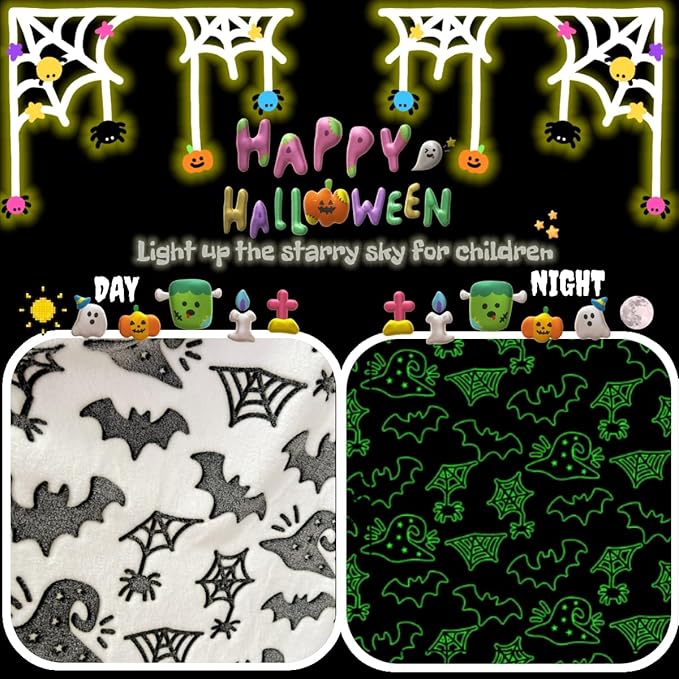 Cute Halloween Bat Blanket for Kids/Teens/Women/Men, Glow in The Dark Throw Blankets Soft Plush Fleece, Spooky Blanket for Boy/Girls/Toddler, Day Care Home Travel Use, 60"*50", White