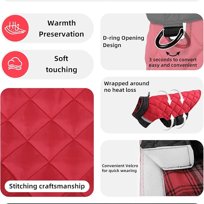 Reversible Waterproof Dog Coat - Adjustable Winter Jacket for Small to Large Breeds, Warm Cold Weather Apparel for Medium Dogs (Red & Black, Small (Pack of 1))