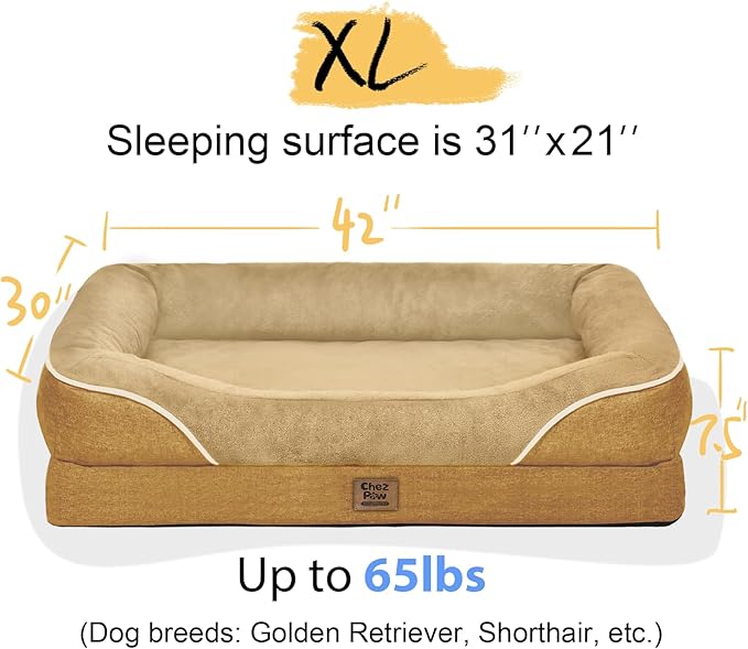 Orthopedic XL Large Dog Bed - Removable Bolster & Waterproof Washable Cover for Pet Extra Large Bed with Foam Support Non-Slip Bottom Dog Beds