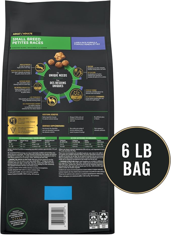 Purina Pro Plan Small Breed High Protein Dog Food Dry Shredded Blend Lamb and Rice Formula - 6 lb. Bag