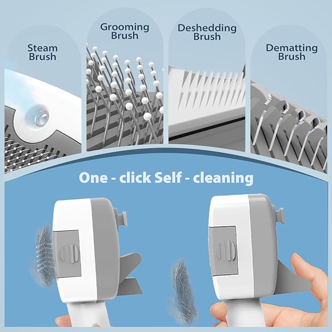 5-in-1 Pet Steam Brush for Dogs & Cats | Self-Cleaning Dog Steam Brush With 3 Brushes & Spray Function | for Shedding, Dematting & Grooming | Includes Pet Essence