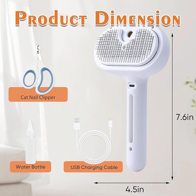 Cat Steam Brush with Release Button, Pet Spray Brushes for Shedding & Grooming, Mist Comb for Pet Long Short Haired, Steamy Brush for Cats Removing Loose Fur and Massage (White)