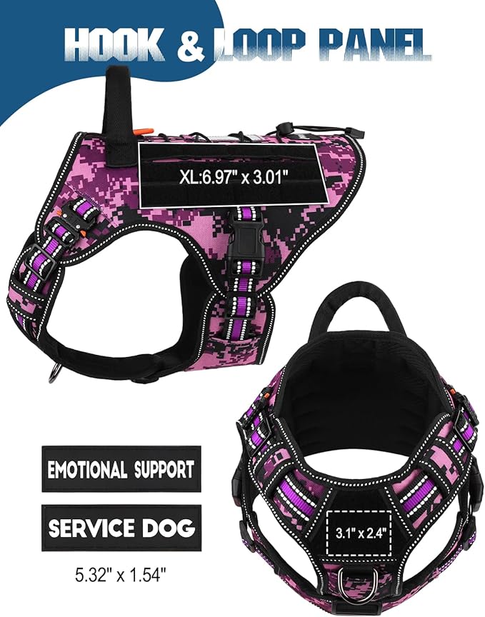 PETNANNY Tactical Dog Harness Reflective with ID Card,Service Dog Vest Harness for Medium Large Dogs,Emotional Support Vest with Padded Handle,2 Reflective Patches for Training Hunting(Purple Camo,XL)
