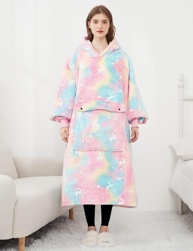 KFUBUO Wearable Blanket Hoodie for Adult Long Sherpa Glow in the Dark Oversized Hoodie Sweatshirt Blanket Christmas Gift Ideas