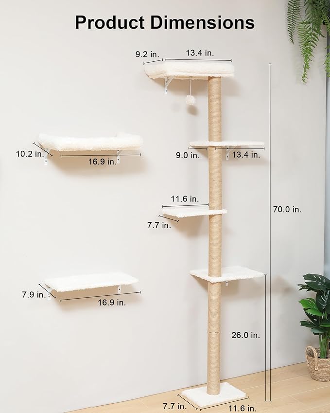 FUKUMARU Cat Wall Shelves, Stable 3-in-1 Wall Mounted Cats Furniture Set, Kitten Scratching Post with Soft Cushion Perch, Space Saving Climbing Wall for 16 Inch Drywall - Beige
