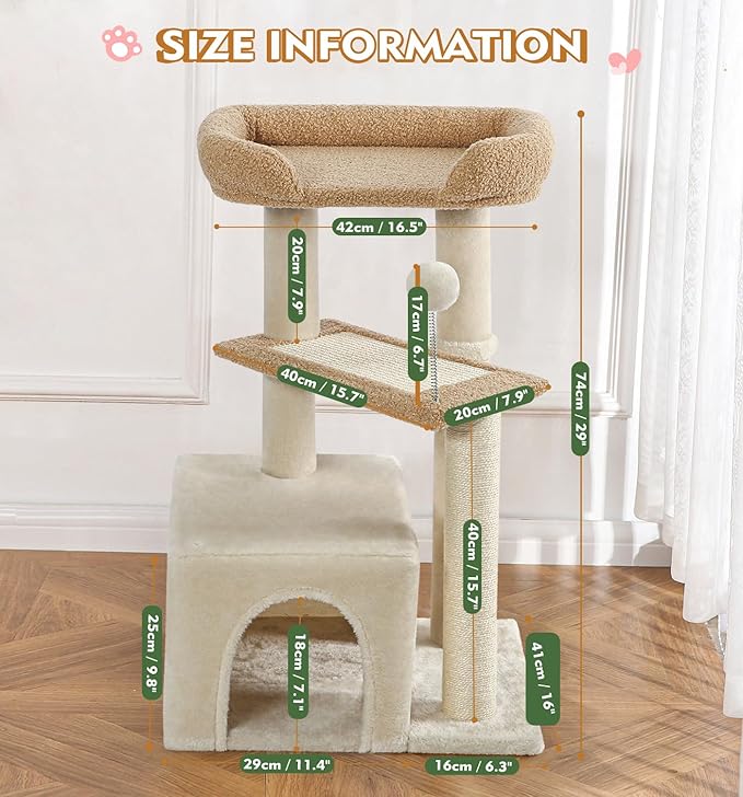 Made4Pets Cat Tree, Carpet Cat Tower Grey for Indoors Cats, Cute Wood Kitty Condo with Scratching Post and Pad, 29" Multi-Level Modern Activity Climbing Furniture for Small and Medium Cats