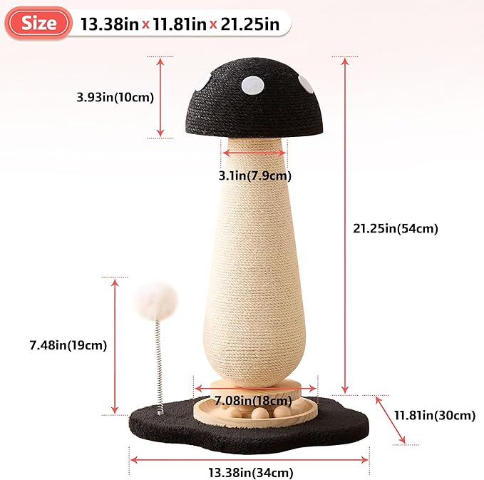 Mushroom Cat Scratching Post Cat Tree, 21.5โโ H Cute Cat Scratcher Tower with Durable Solid Wood Turntable Toy, Solid Black Mushroom Scratch Post Cat Sisal Scratcher with Catnip for Indoor Cats