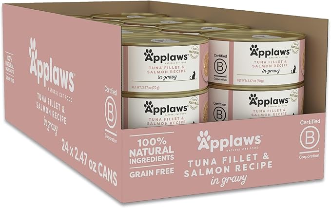 Applaws Natural Wet Cat Food, Made with Limited and Natural Ingredients, High Protein with No Artificial Additives or Fillers, Tuna Fillet with Salmon in Gravy (24 x 2.47oz Cans)