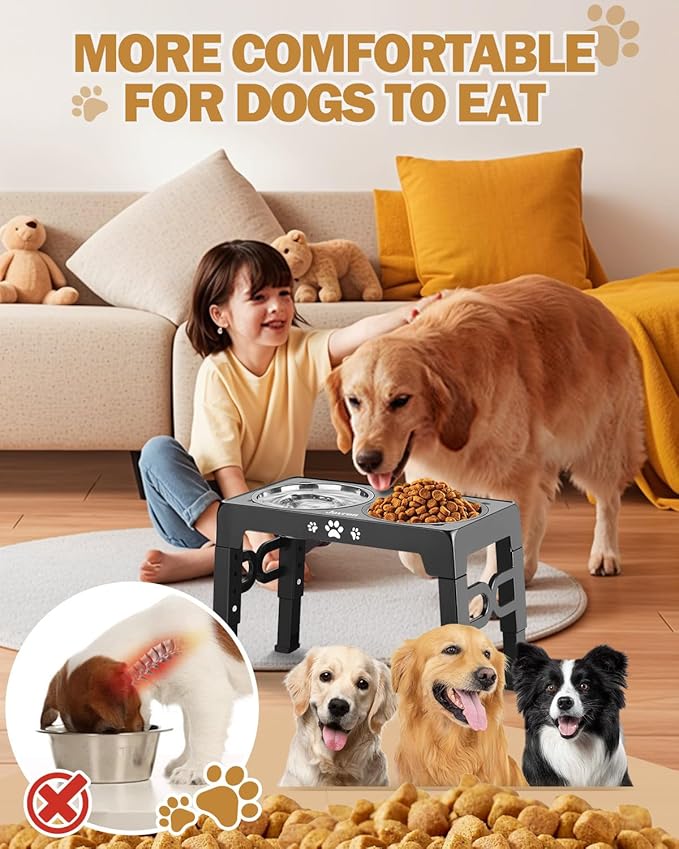 Elevated Dog Bowls, Dog Feeder with 2 Stainless Steel Dishes &1 Slow Feeder Bowl, 5 Heights Adjustable Raised Stand for Medium Large, Food Dishes with Non-Slip Feet