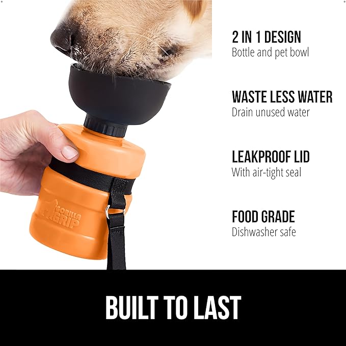 GORILLA GRIP Dog Water Bottle, Portable Water Bowl Dispenser for Dogs, 12 oz Leak Proof Pet Travel Squeeze Bottles, Food Grade Silicone, To Go Puppy Essentials, Hiking Camping Trip Accessories, Orange