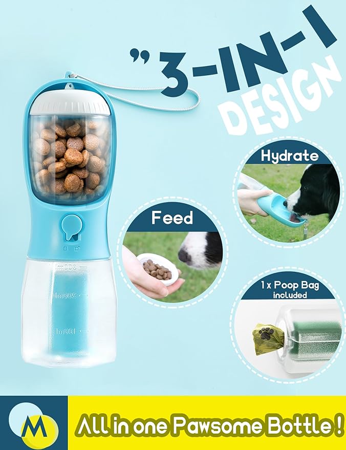 Portable Water Bottle for Small Dogs, 3 in 1 Pet Travel Bowl Dispenser with Food Treat Container & Poop Bag Holder, Summer Walking Hiking Accessories for Puppy On The Go - Blue, 10oz
