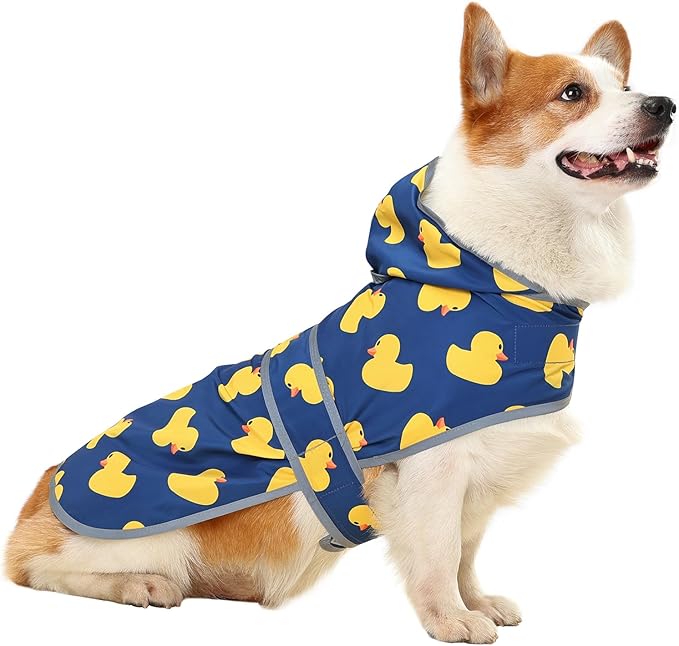 Dog Raincoat for Medium Dogs Waterproof Hooded Rain Jacket with Reflective Strips Leash Hole & Poncho Adjustable Fit (Duck,L)