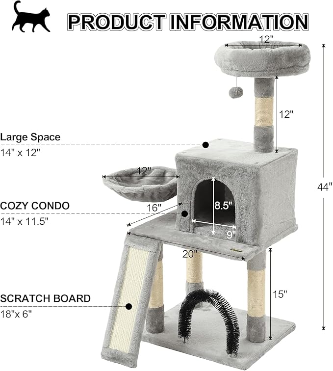 HOOPET 44IN Cat Tree for Indoor Cats - Multi-Level Cat Tower with Hammock, Condo, Scratching Posts, Self-Grooming Brush & Play Ball - Space-Saving Cat Furniture for Small Apartments