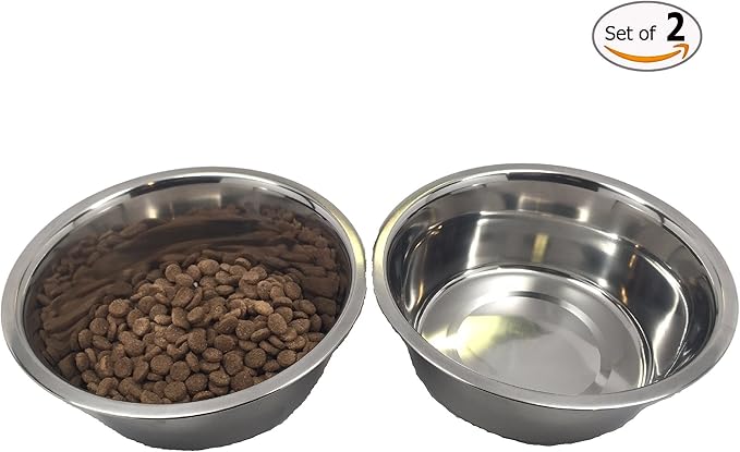 Top Dog Chews - Two Large Stainless Steel Dog Bowl Set, Water & Food Dish for Any Sized Dog. No Stickers, 8", 2 Quarts, 64 OZ, 8 Cups.