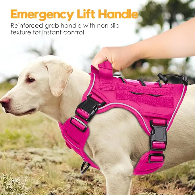 Heavy-Duty Tactical Dog Harness for Large Dogs, No Pull Adjustable Reflective Pet Vest with Molle System, K9 Military-Grade Control for Service Training, Outdoor & 10+ Breeds, Hot Pink, Medium