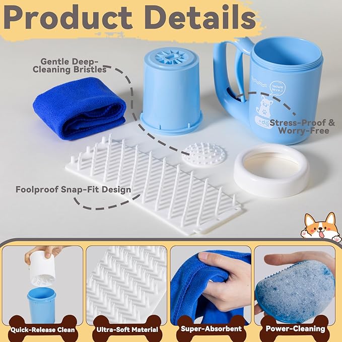 Medium Pet Paw Cleaner Cup - Easy Press Design Dog Foot Washer with Soft Massage Brush & Absorbent Towel - Reusable Durable Paw Cleaning Cup for Dogs Cats, Easy to Clean Handheld Bath Tool