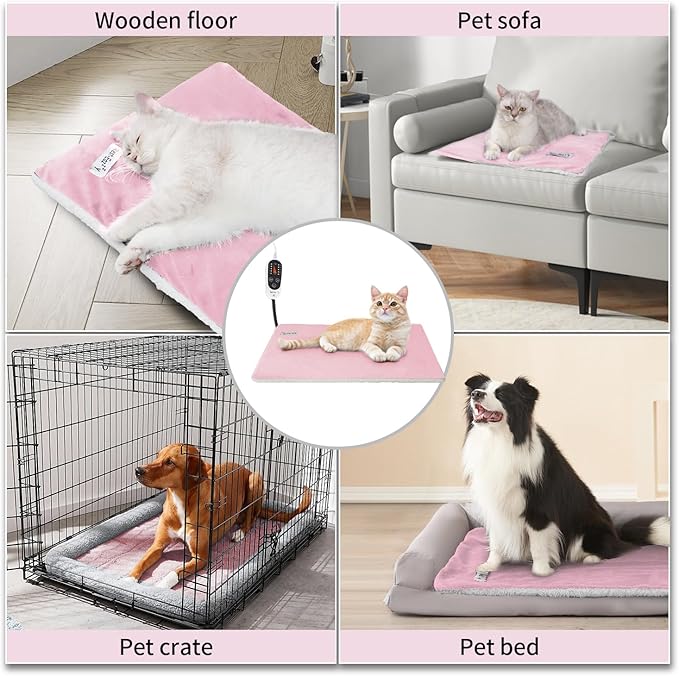 Rest-Eazzzy Heated Cat Bed, Removable Cover, 5-Level Timer & Temperature, Indoor Warming Mat (Heat Pad, Pure-Pink)