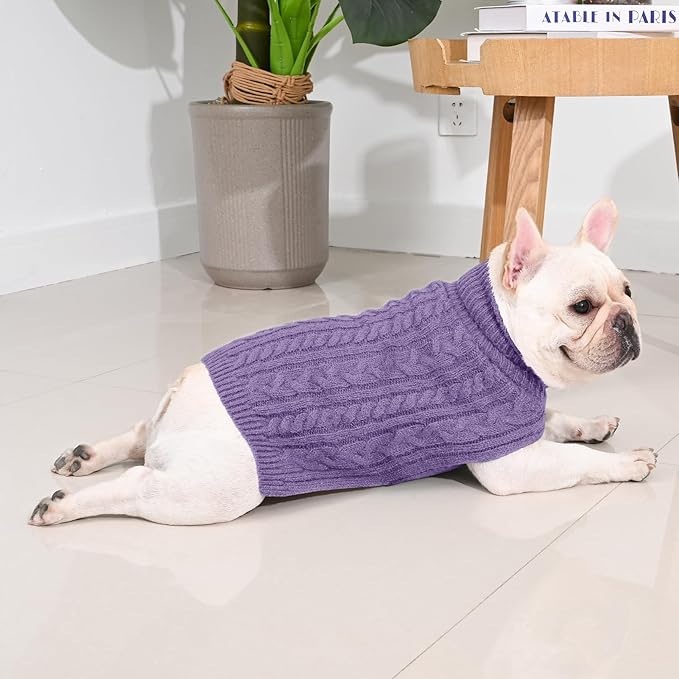2 Pack Dog Sweaters for Medium Dogs Turtleneck Pullover Cable Knit Stretch Clothes French Bulldog Dachshund Boston Terrier Corgi Beagle Pug Boy Girl Pets Winter Clothes (L, Pink & Purple)
