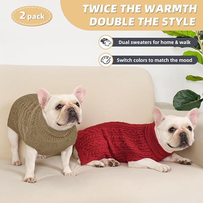 2 Pack Dog Sweaters for Medium Dogs Turtleneck Pullover Cable Knit Stretch Clothes French Bulldog Dachshund Boston Terrier Corgi Beagle Pug Boy Girl Pets Winter Clothes (M, Red & Brown)