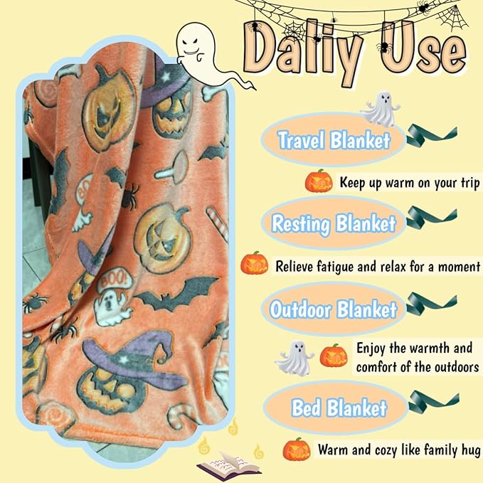 Cute Halloween Pumpkin Blanket for Kids/Teens/Women/Men, Glow in The Dark Throw Blankets Soft Plush Fleece, Spooky Blanket for Boy/Girls/Toddler, Day Care Home Travel Use, 60"*50", Orange