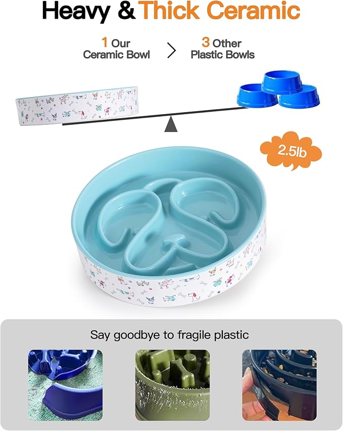 Slow Feeder Dog Bowl, Ceramic Dog Bowls 1.5 Cups Interactive Puzzle Feeder for Fast Eaters, Prevent Bloat & Choking, for Small Medium Large Dogs, Blue