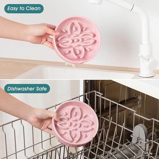 vancasso Ceramic Slow Feeder Dog Bowls, Puzzle Dog Food Bowls with Floral Maze, Anti -Slip Pet Food Dish for Small Breed, 0.6 Cups, Pink