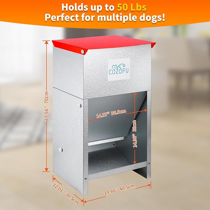 Dog Feeder - Galvanized Metal Pet Food Station for Indoor & Outdoor Use - Automatic Gravity-Fed Dispenser Suitable for Small, Medium, and Large Dog Breeds - Capacity: 50 Pounds of Dry Kibble
