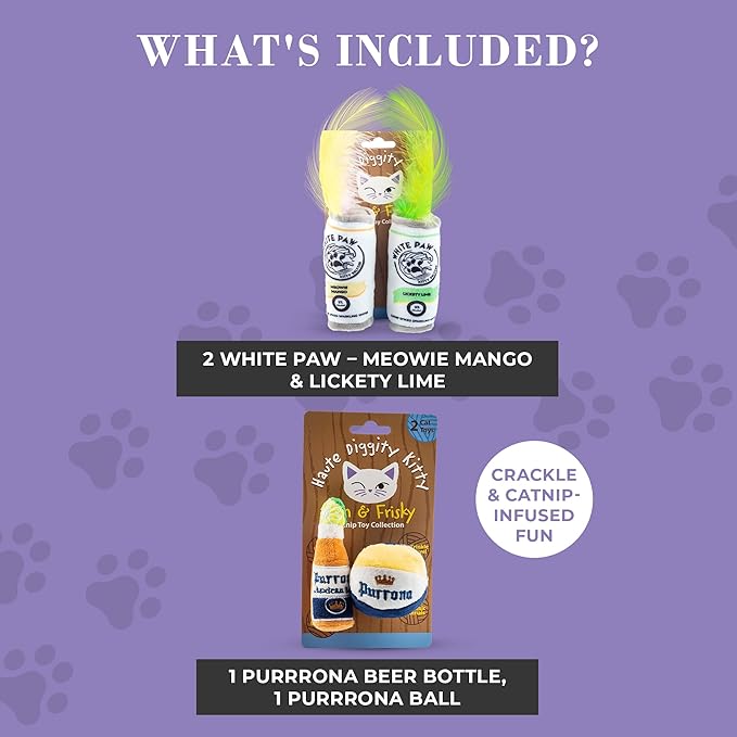 White Paw Mango & Lime + Purrrona Beer Bottle & Ball Set, Plush Cat Toys Catnip Filled with Interactive Crackle Sound, Safe & Durable Toys for Cat & Kitten, 4 Pcs