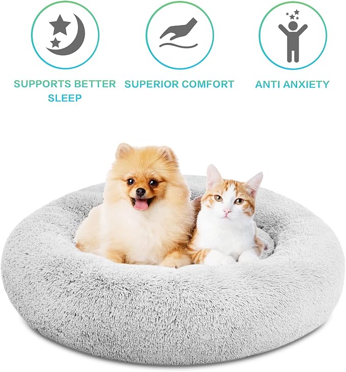 SAVFOX Plush Calming Donut Dog Beds for Small Dogs, Medium, Large & X-Large Breeds, Comfy Cuddler Dog Bed and Cat Bed in Faux Fur, Washable, Multiple Sizes S-XXL