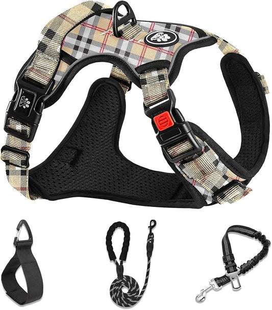NESTROAD No Pull Dog Harness with Leash, Reflective No Choke Pet Vest Harness,Adjustable Soft Padded Dog Harness with Easy Control Handle for Medium Dogs(Checkered Beige,Medium)