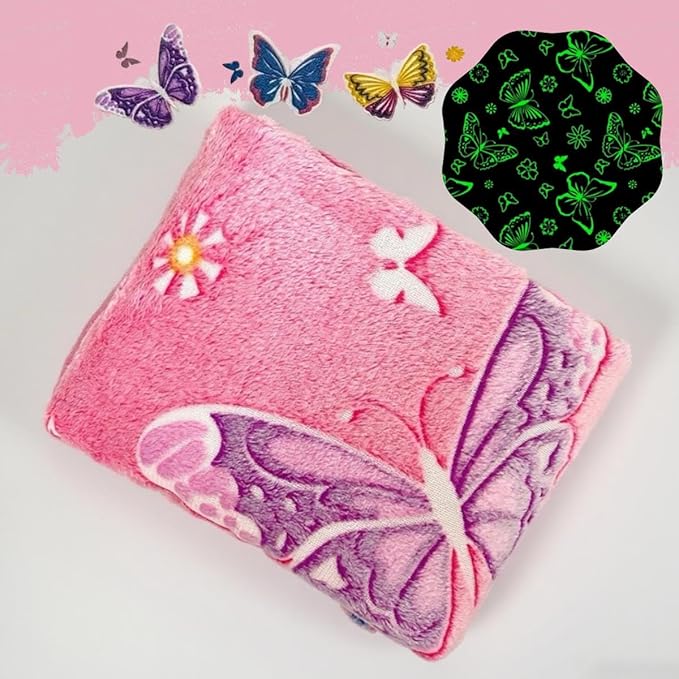 Halloween Butterfly Glow in The Dark Blanket for Daughters, Best Gift Blankets for 3-10 Year Old Kids Birthday Presents, Soft Cozy Flannel Camping Throw, Christmas Thanksgiving Gifts, 60"*50", Pink