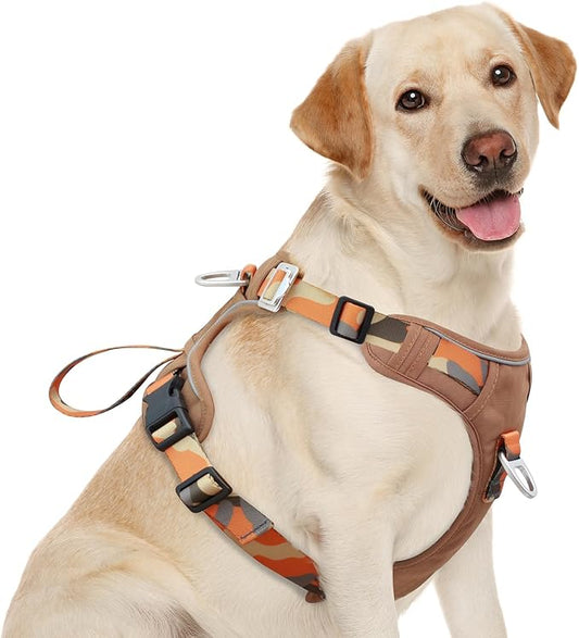 Dog Harness No-Pull with Front & Back D-Rings, Water-Repellent 600D Oxford for Hiking/Training/Walks, Reflective Adjustable Vest, Lightweight Aluminum Hardware Fit for Large Sized Dogs, Camo Orange, L