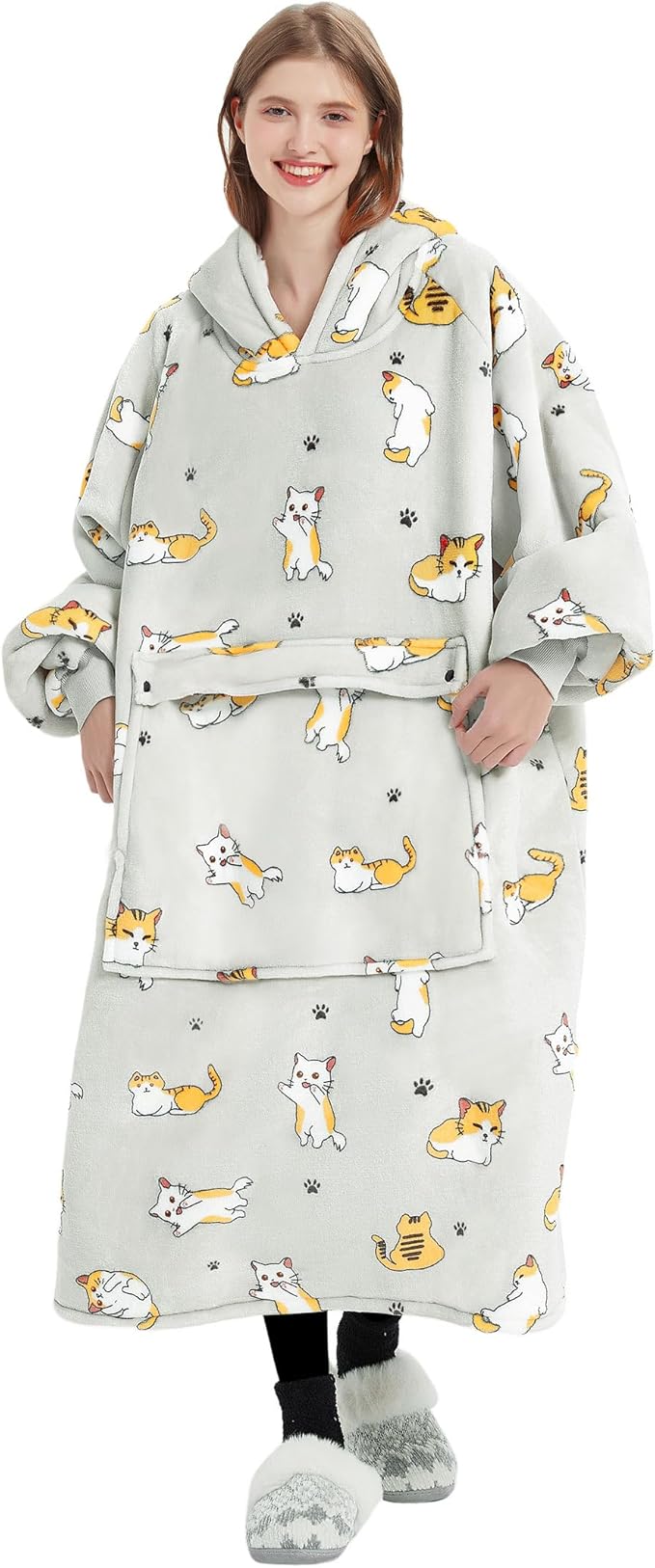 KFUBUO Wearable Blanket Hoodie for Adults Long Sherpa All Patterns Cat Oversized Sweatshirt Blanket with Pockets Birthday Gifts for Women