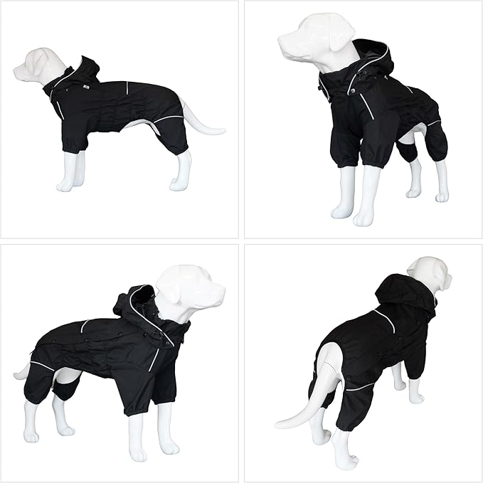 LOVELONGLONG Fleece-Lined Dog Raincoat with Removable Hood – Waterproof Winter Full Body Dog Jacket – Windproof Snowproof Cold-Weather Suit – Black-F S+